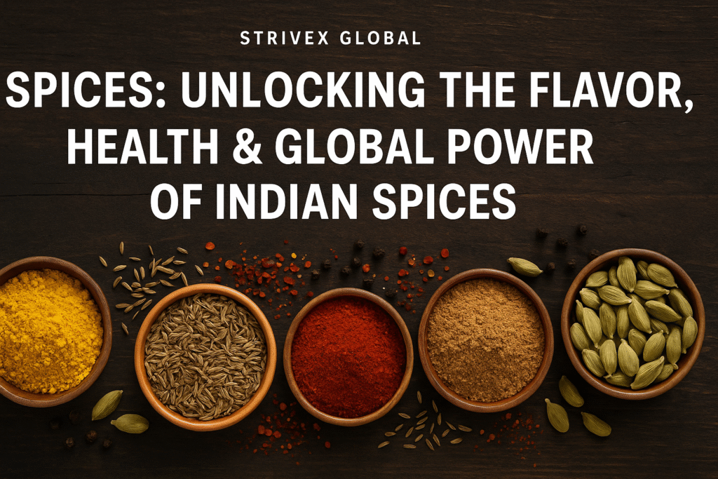 Assorted Indian spices — turmeric, cumin, red chili, coriander, and cardamom in wooden bowls on rustic wooden table